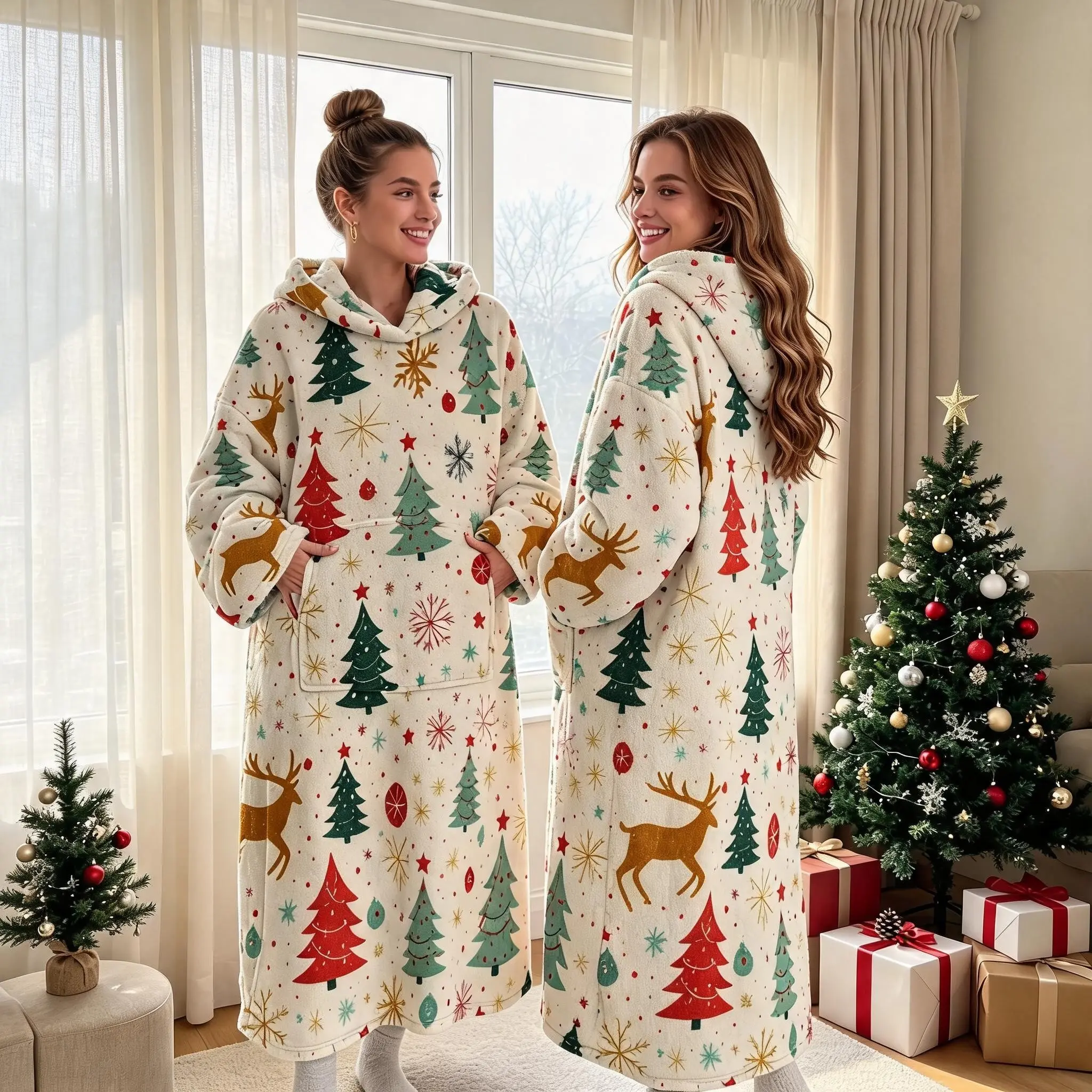 Flannel Hooded Wearable Blanket, Cartoon Christmas Tree Reindeer Pattern, Loose Fit, Storage Pocket, Home Camping Travel Gift
