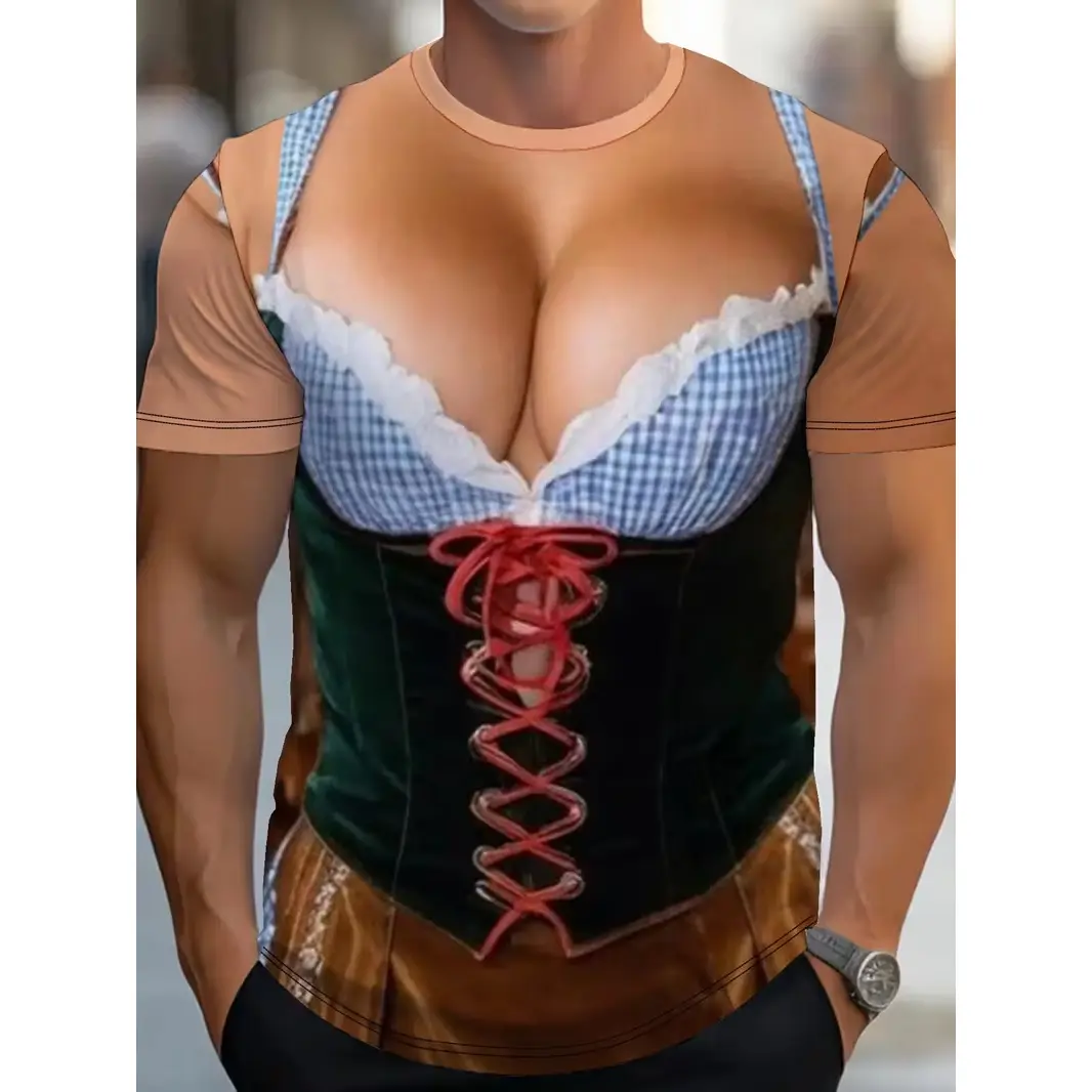 Women's Oktoberfest Bavarian Dirndl Graphic Tops - Digital Full-Print Round Neck Short Sleeve Casual Party Blouse for Costume, Themed Events