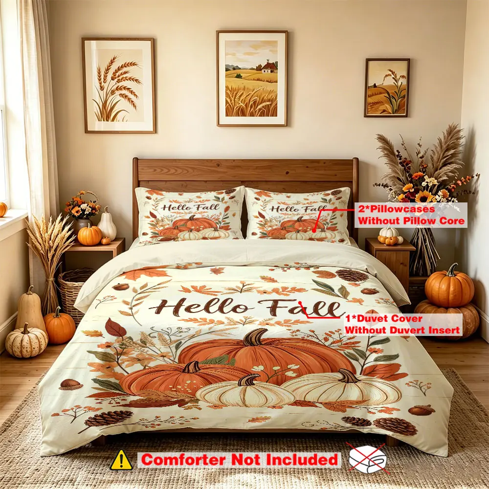 A three-piece bedding set (1 bedspread + 2 pillowcases without inner cores). The Hello Fall pumpkin leaf-patterned bedding set is suitable for a variety of occasions, such as hotel dormitories and bedrooms, and can also be used as a decoration for