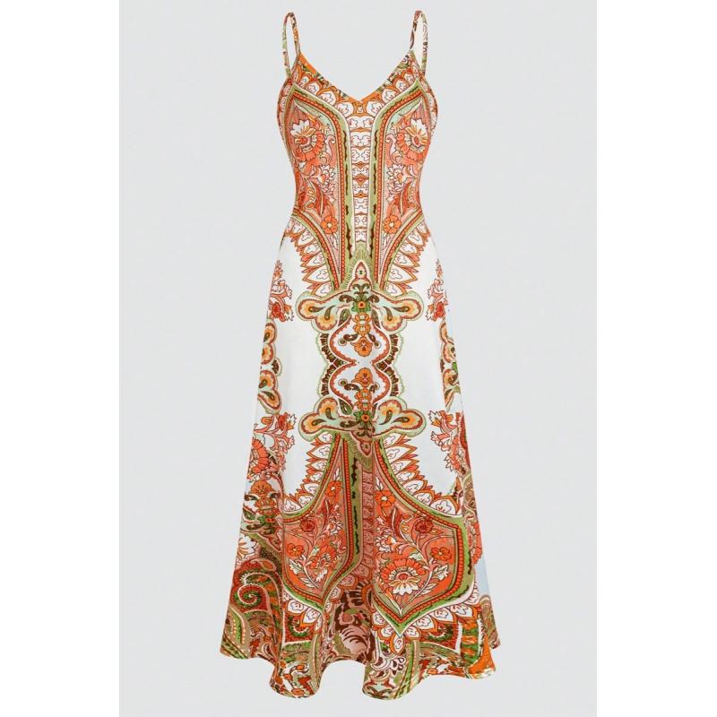 Women's Summer Vintage China Print Casual Long Dress – Loose Beach Cover-Up, Adjustable Spaghetti Strap Flowy Artistic Sundress