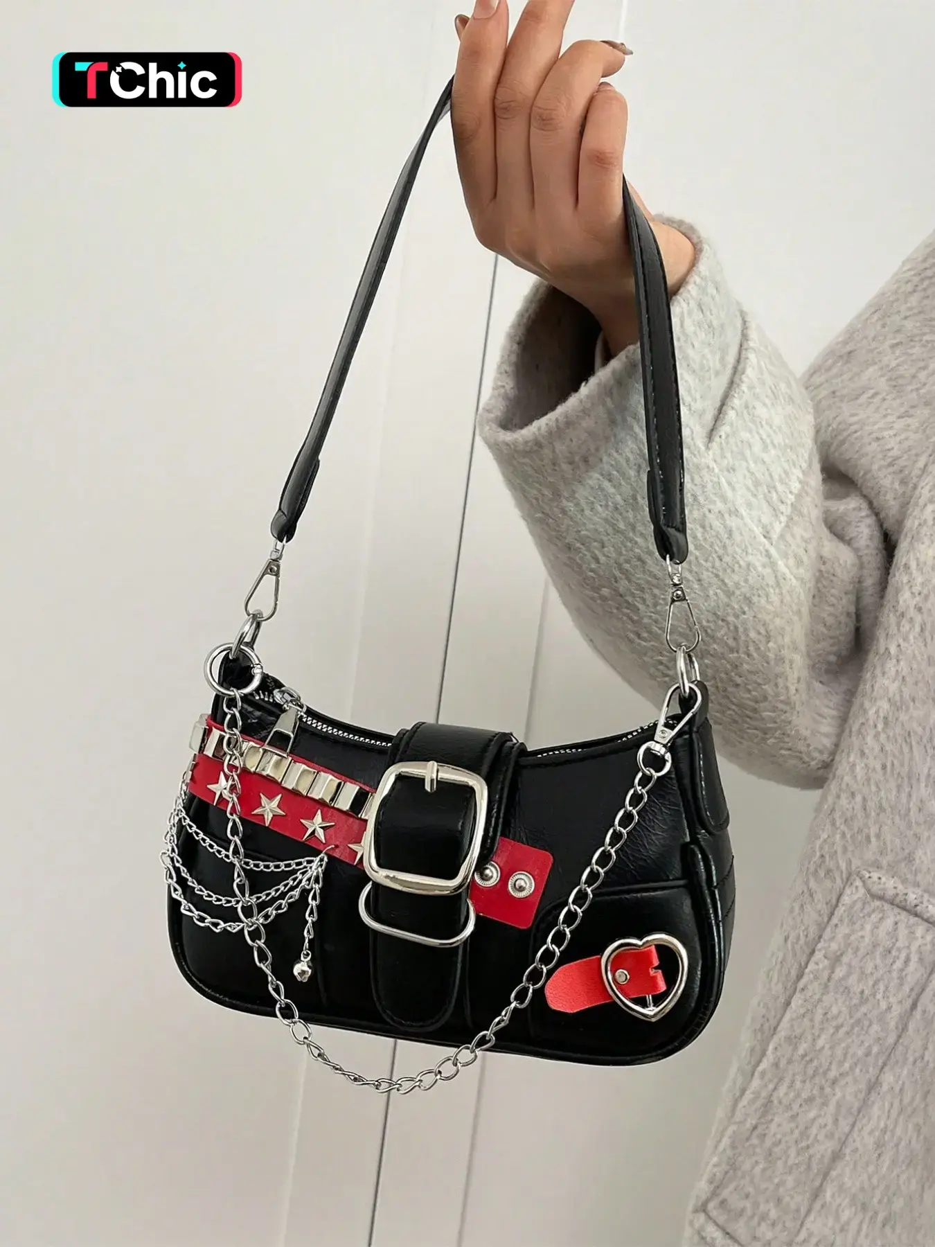 Fashionable Y2k Style Chain & Heart Design Underarm Bag, Stylish All-match Shoulder Bag, New Fashion Zipper Star Design Shoulder Bag, Pu Leather Crossbody for Women, Crossbody Bags
