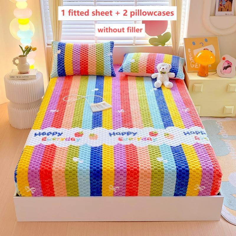 Thickened Cartoon Bedding Set, 1 Count Fitted Sheet & 2 Counts Pillowcase without Filler, Warm Touch Dustproof Soft and Comfortable Bedding, Soft Breathable Sheet, Bedding Sheets, Suitable for Bedroom and Guest Rooms #GLOBAL PICKS
