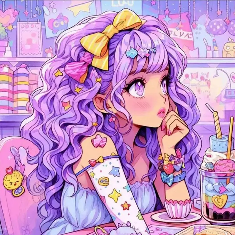5D DIY Large Crystal Diamond Painting Cross Stitch Kit, Cute Cartoon Character Anime Girl with Purple Curly Hair Milk Tea Shop Pattern, Full Round & Square Drills, Full Crafting Tool Set, Stress Relief Wall Decor Gift for DIY Needlework Enthusiasts
