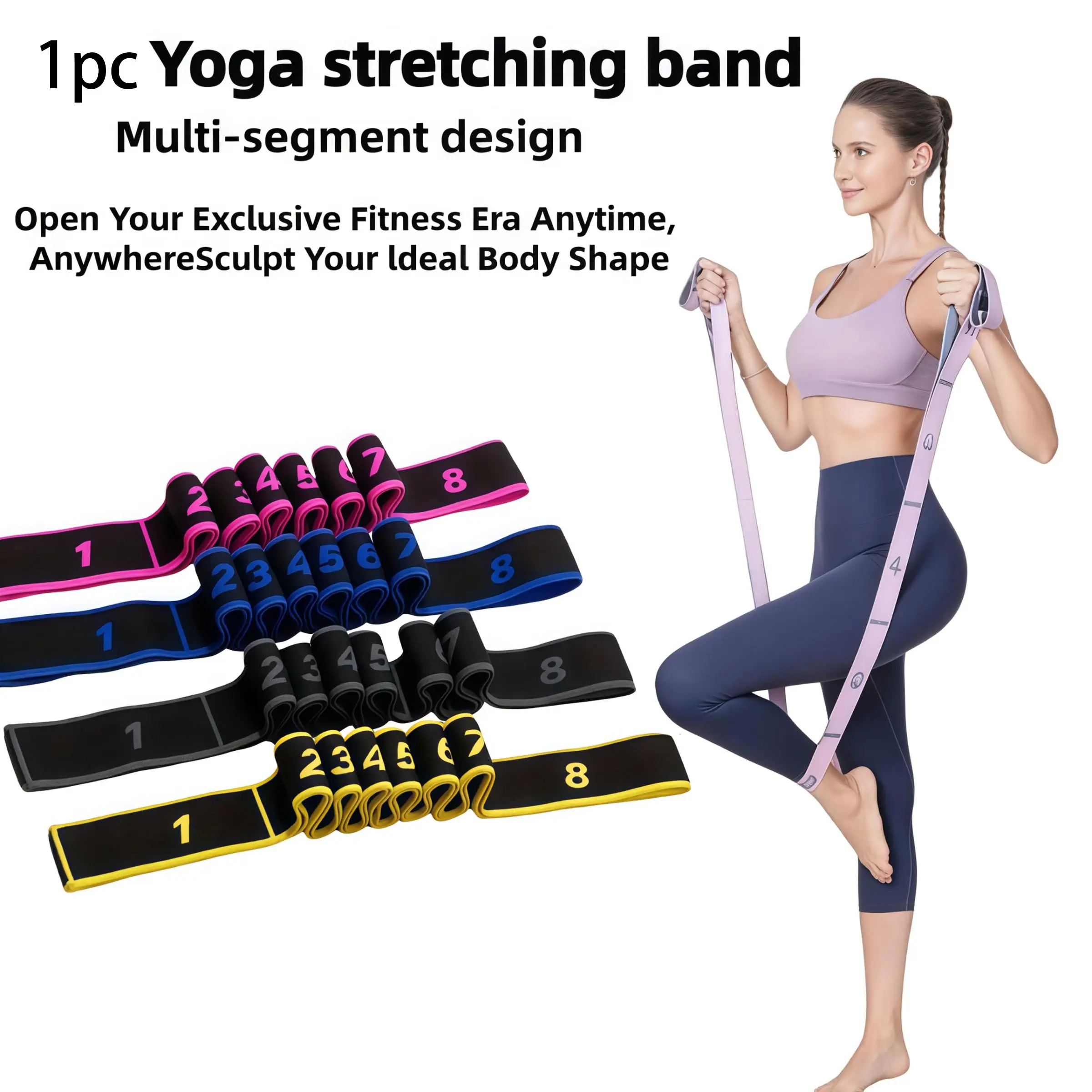 Multifunctional Resistance Band, Yoga Stretch Strap with Numbered Rings, Adjustable Elastic Bands for Fitness, Dance, Pilates, Stretching