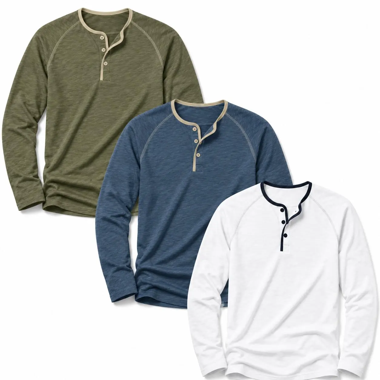 Men's Casual Vintage Henley Crew Neck Shirt - Plain Slim Fit Raglan Sleeve Pullover with Contrast Collar, Medium Length Top for Daily Streetwear, Menswear Clothing