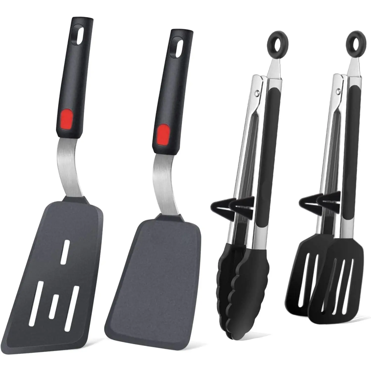 4PCS Flexible Silicone Spatula Turner Set & Kitchen Food Tongs with Silicone Tips, 600F Heat Resistant, Ideal for Flipping Eggs, Fish, Burgers, Pancake and Gripping Salads, Pasta, Steaks, BBQ