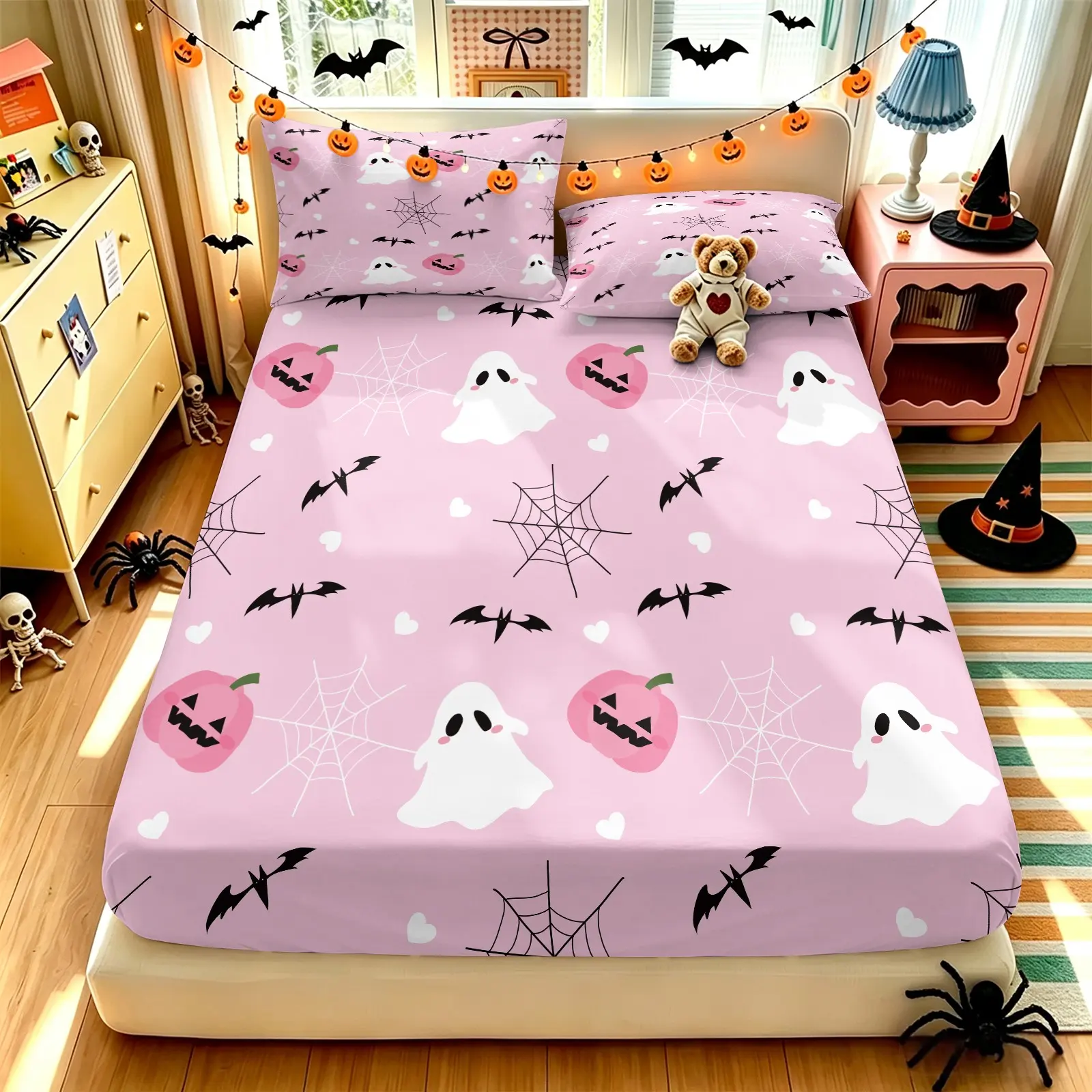 3-Piece Pink Cute and Fun Halloween Elements Fitted Sheet Set, White Ghost Pink Pumpkin Black Bat Spider Web Print, Soft Breathable Absorbent, Ideal for Holiday or Daily Girls' Bedroom and Kids Room Decor