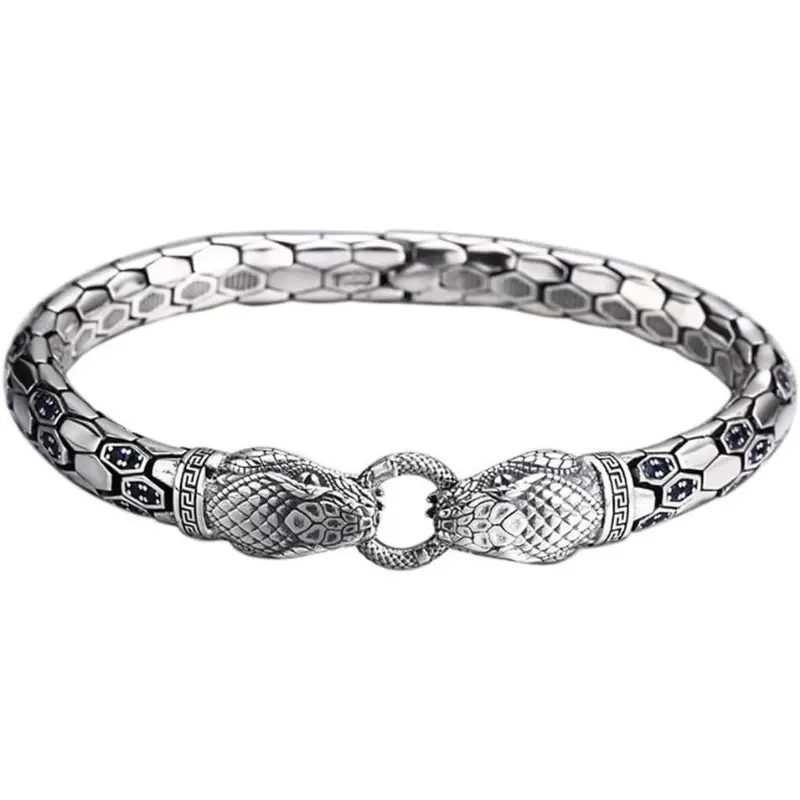 Silver Vintage Double Snake Head Bangle Bracelet,Oxidized Silver Snake Scale Cuff,Blue Zircon Men's Snake Bone Jewelry Personalised Realistic Python Snake Bracelets Punk Gothic Cool Wristband Father/Boyfriend Gifts,Come with Box
