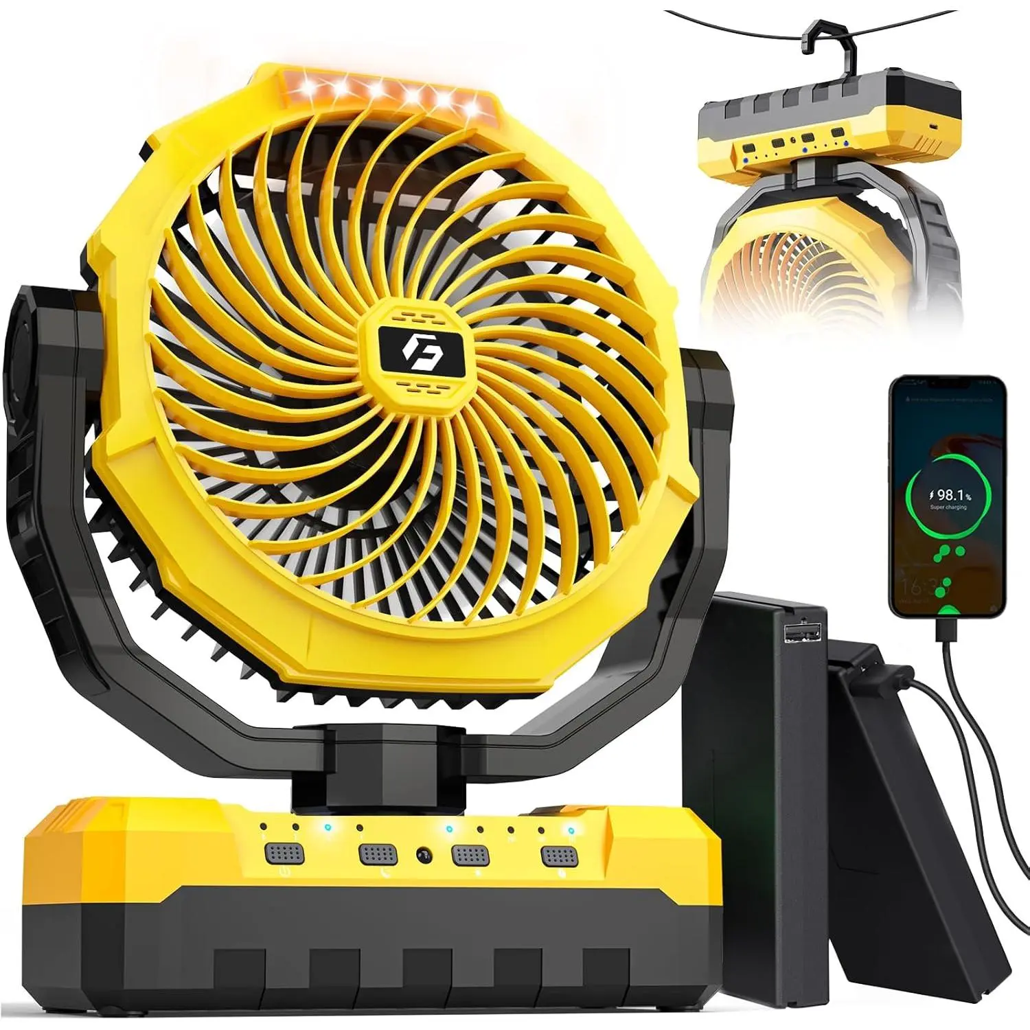 Rechargeable Fan with 2PCS Detachable Battery - 48000mAh(127H Working) Camping Fan Portable, Battery Powered Fans with Hook, Timers, Ventilador Recargable for Tent, Travel, Gifts for Men Dad, Yellow
