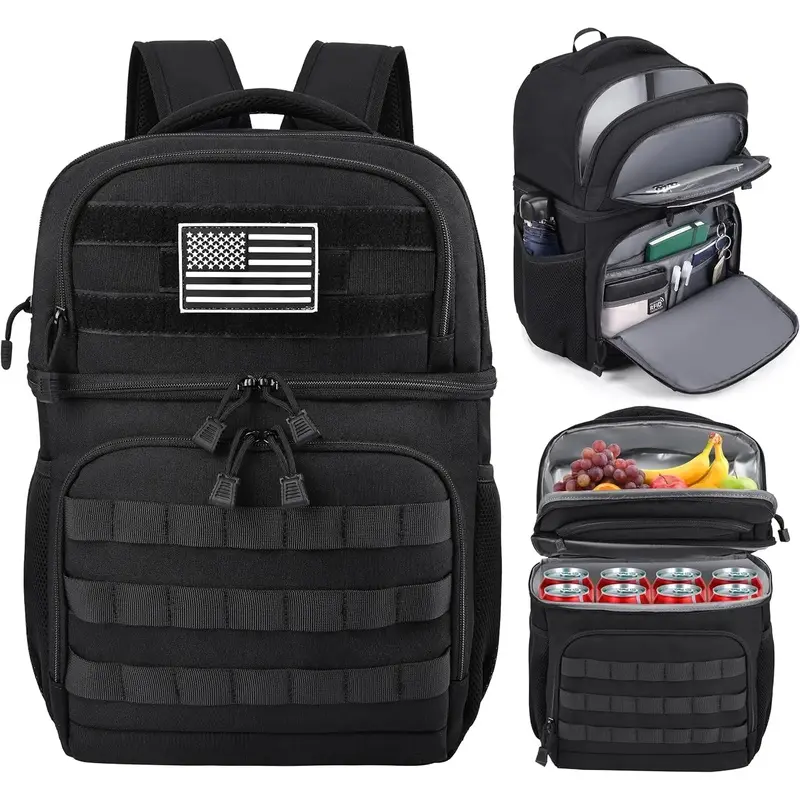 Lunch Backpack for Men, Tactical Inspired Double Deck Cooler Backpack Insulated Leakproof RFID Lunchbox for Work (Black)