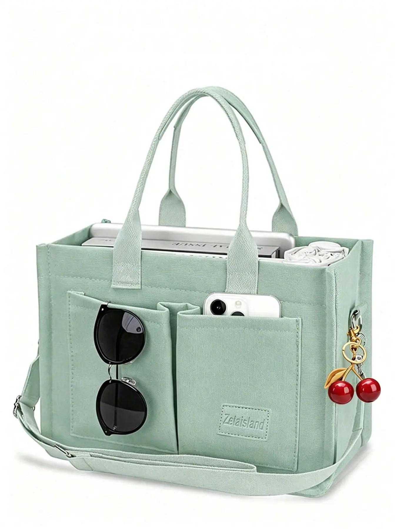 Fashionable solid color multi compartment pocket tote bag with cherry pendant design, loose feeling, large capacity versatile single shoulder handbag, can accommodate tablets, documents, sunglasses, personal items, Casual Commuting Bag