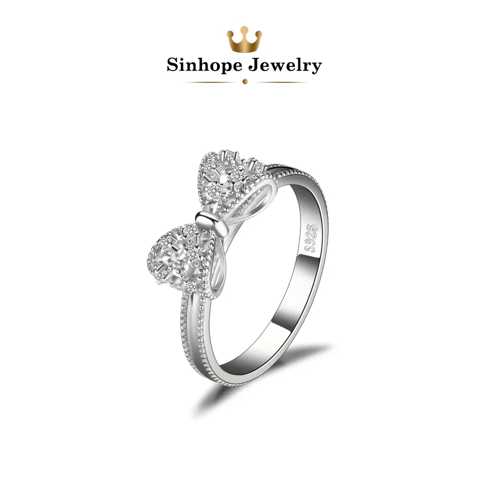 Bow Knot Cubic Zirconia Ring for Women, S925 Sterling Silver Sparkling Paved CZ Bow Ring, Dainty Milgrain Band Promise Wedding Ring, Elegant Fashion Jewelry Gift for Birthday Anniversary Valentine's Day