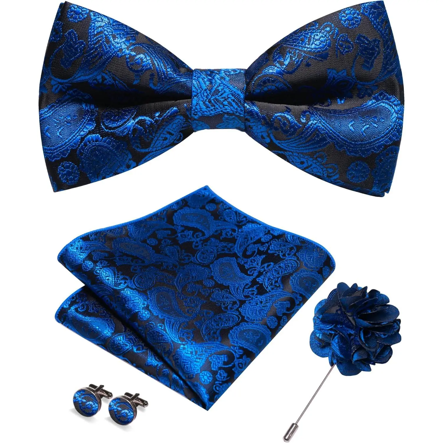 Paisley Pre-tied Bow Tie and Pocket Square Cufflinks Lapel Pin Sets for Men 4PCS