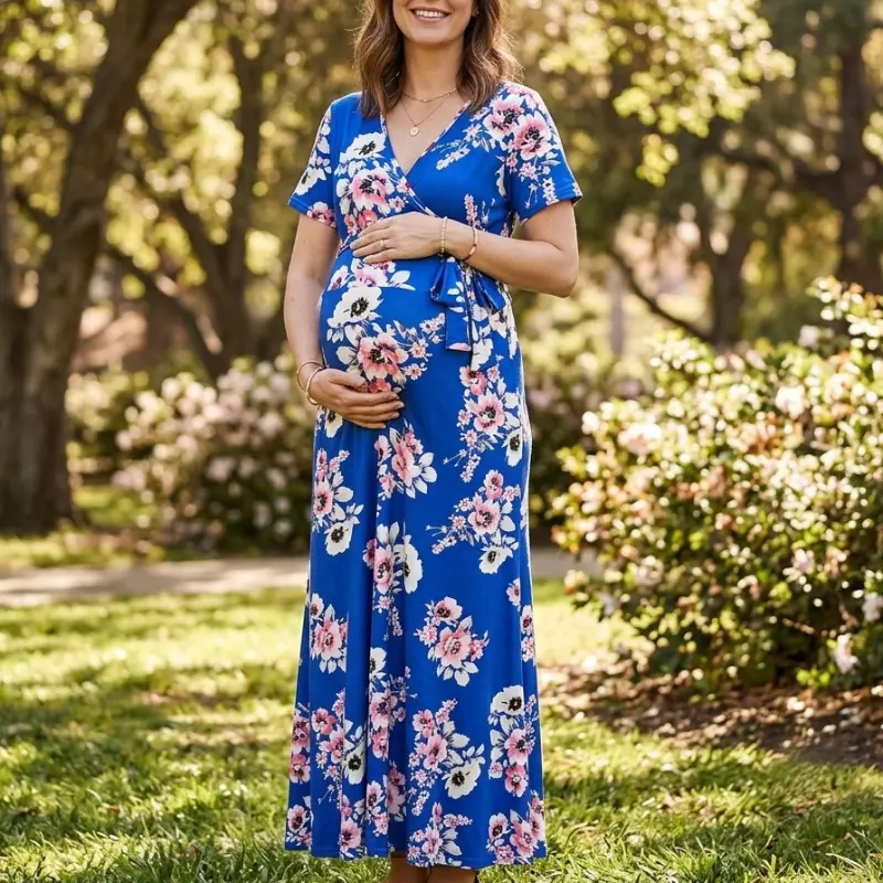 Women's Maternity Wrap Maxi Dress, Short Sleeve Floral Breastfeeding Dress, Adjustable Belt Summer Pregnancy Long Gown for Baby Shower Daily Wear