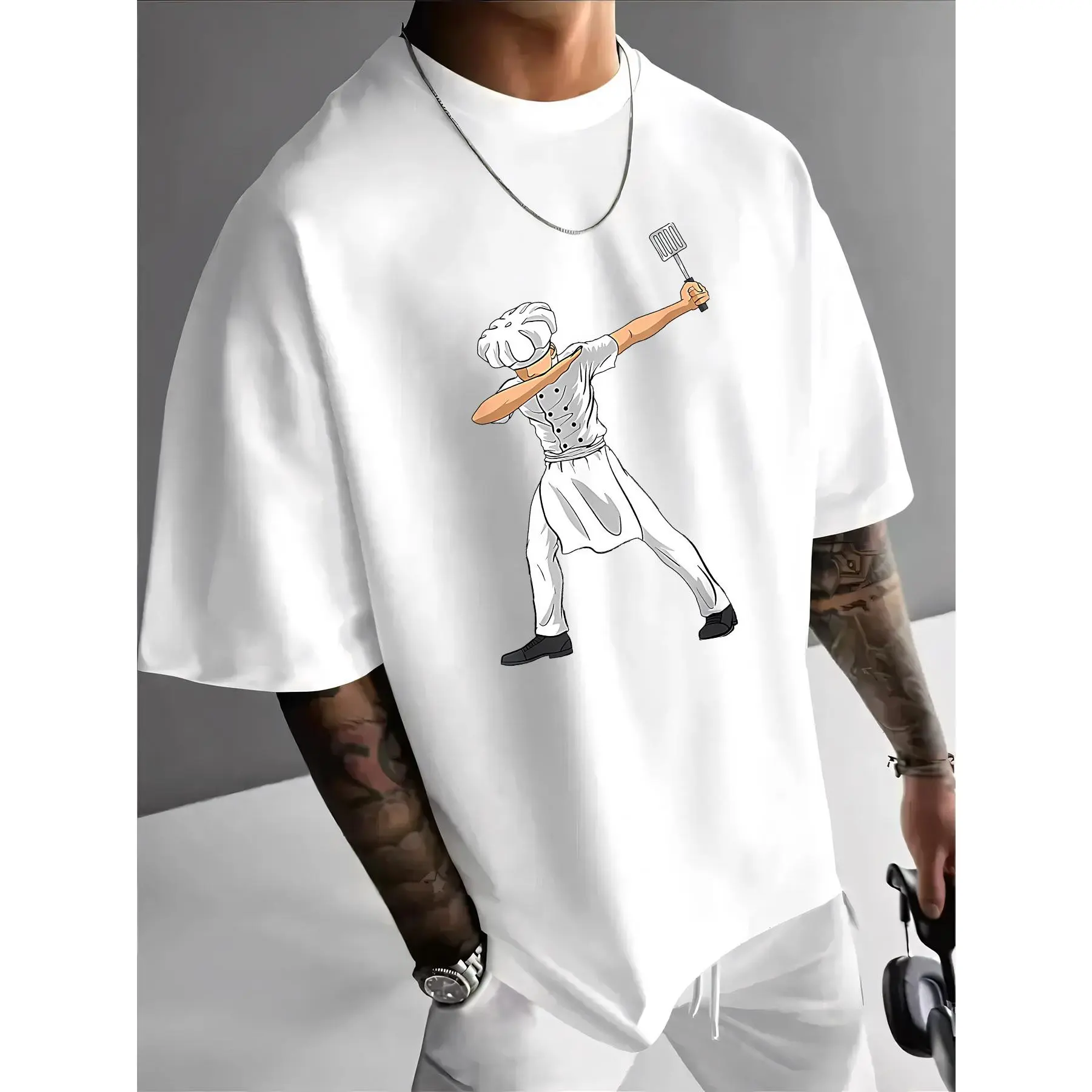 Men's Chef's Print T-Shirt - Chef's Hat & Utensils, Casual Round Neck Short Sleeve Tee Suitable for Classes/Chef Events, Summer Machine-Washable Apparel