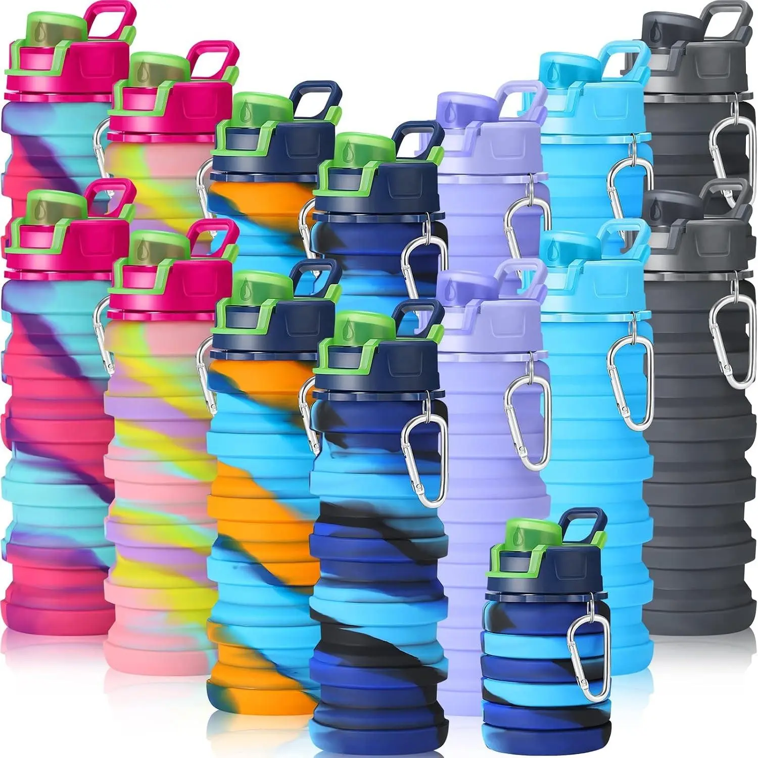 Sunnyray 14 Pack 17oz (500ml) Collapsible Water Bottles Bulk, Dark Color