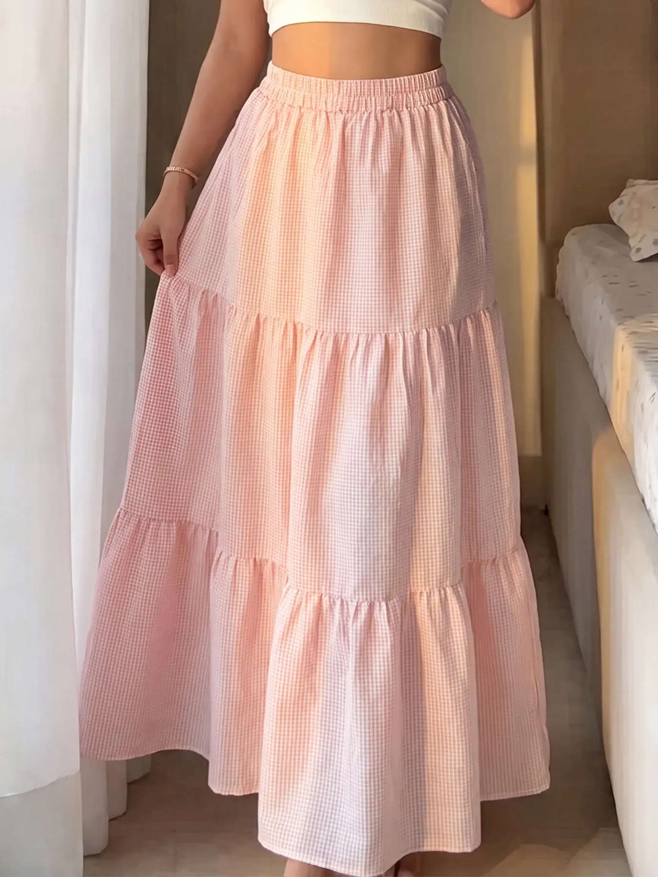 Elegant Pink Plaid Pleated Layered Long Maxi Skirt Women Casual Daily Wear Flowy A Line Tiered High Waist Summer Spring Fashion Casual Comfy Skirt