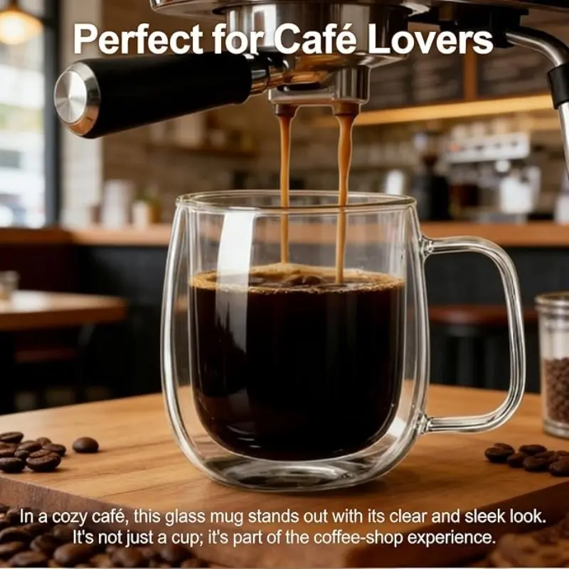 Glass Coffee Cup 12 Oz, Dual Layer Insulated Mug Set with Handle, Transparent Glass Espresso Cup for Latte, Cappuccino, Tea Bags, Hot and Cold Drinks