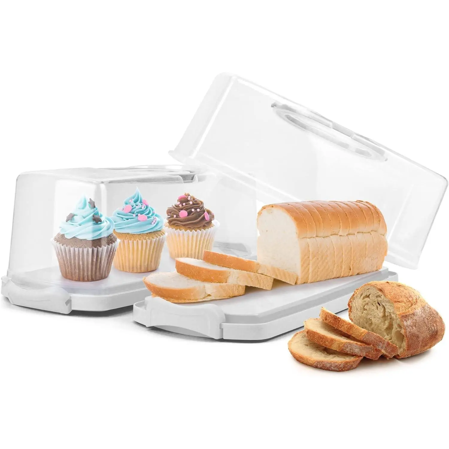 2-Pack Plastic Rectangular Bread Box with Clear Lid, Portable Bread Keeper Storage Container with Handle for Loaf Cake Storage, White