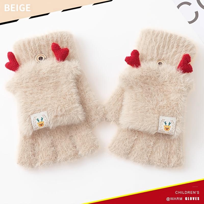 1 Pair Kids Gloves Winter Warm Thickened Flip Gloves Writing Open Finger Girl Plush Half Finger Gloves Cute Cartoon Winter Boy Five Finger Gloves Suitable for Daily Wear Outing Suitable for Children Aged 3
