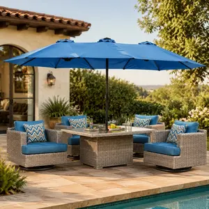 15x9 ft Double-Sided Rectangular Twin Patio Market Umbrella – UV 50+ Sun Protection, LED Lighted, Steel Frame, with Stand – Sky Blue
