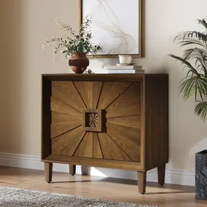 31.5" W x 31.5" H x 15.7" D Sturdy Wood Mid-Century Modular Credenza TV Stand, Antique Brown Sideboard Buffet with Symmetrical Sunburst Doors, Adjustable Shelves Small Space Cabinet for Dining Room, Entryway (Assembly Required)