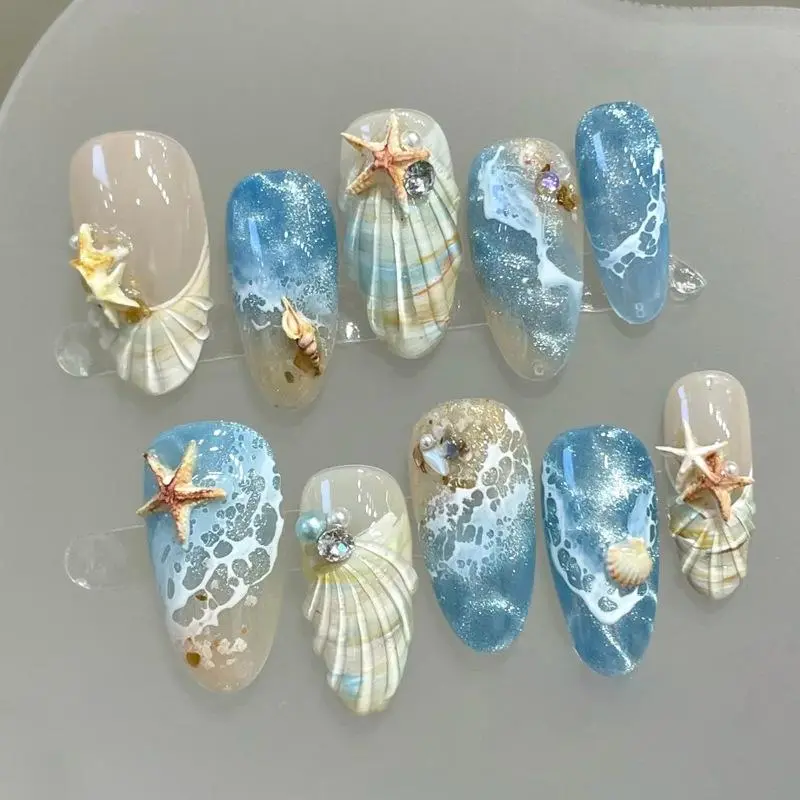 Baddie Viral Summer Main Character Energy 30Pcs Premium Beach Style Hand Painted Press On Nails 3D Stereo Rhinestone Wave Star Seashell Reusable False Nail Tips For Seaside Vacation Daily Glam