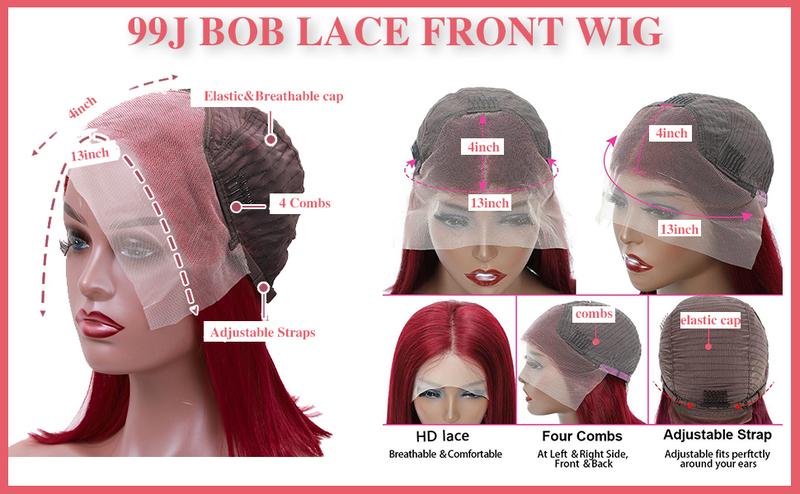 human hair bob 99J Bob Wig Human Hair Wigs 13X4 Straight Lace Front Wigs for Black Women Pre Plucked 180% Density Straight Burgundy Human Hair Short Bob Wig Human Hair (99J Bob Wig 10inch)