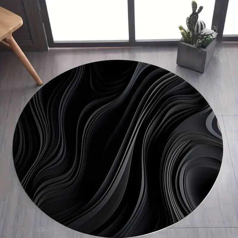 1pc Flannel Material Round Rug, Indoor Rug, 10mm Thickness, Black Ripple Design. Suitable for Bedroom, Living Room, Kitchen. Lightweight, Dotted Plastic Bottom, Machine Washable Floor Mat