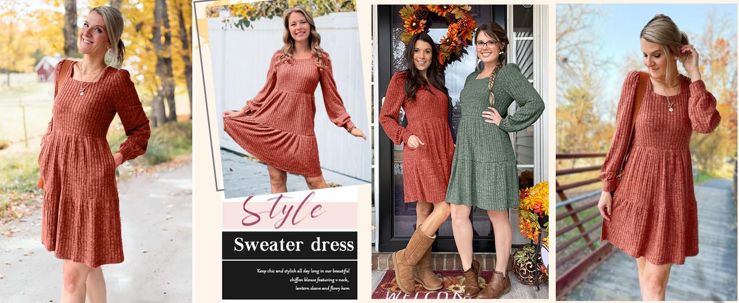 WIHOLL Womens Square Neck Long Sleeve Fall Dresses Casual Babydoll Sweater Dress