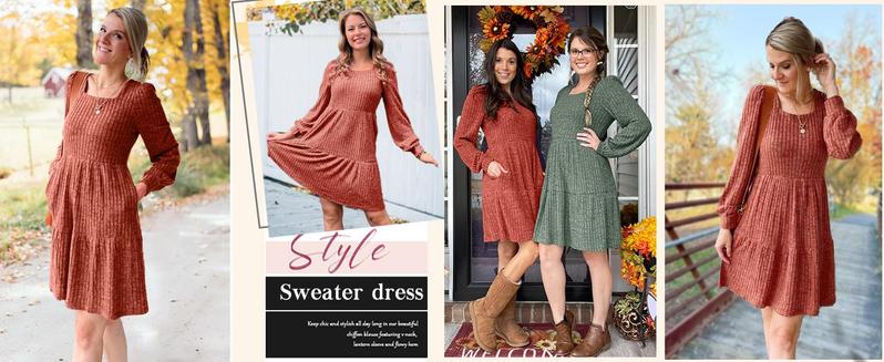 WIHOLL Womens Square Neck Long Sleeve Fall Dresses Casual Babydoll Sweater Dress