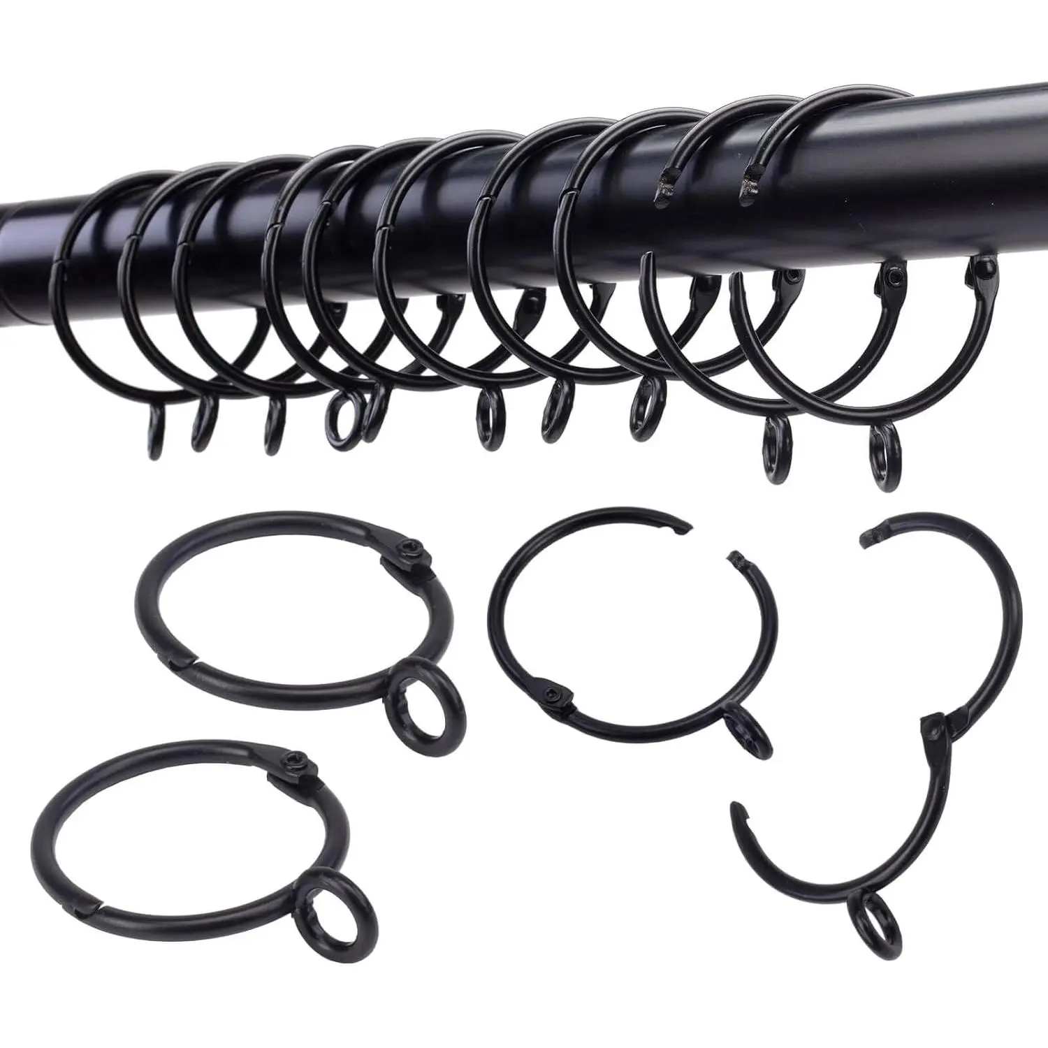 Openable Curtain Rings with Eyelet,24PCS Black Curtain Rings,Drapes Rings 1.25 in Interior Diameter,Hinge Snap-Joint Design, Fits Curtain Rods Up to 1 Inches