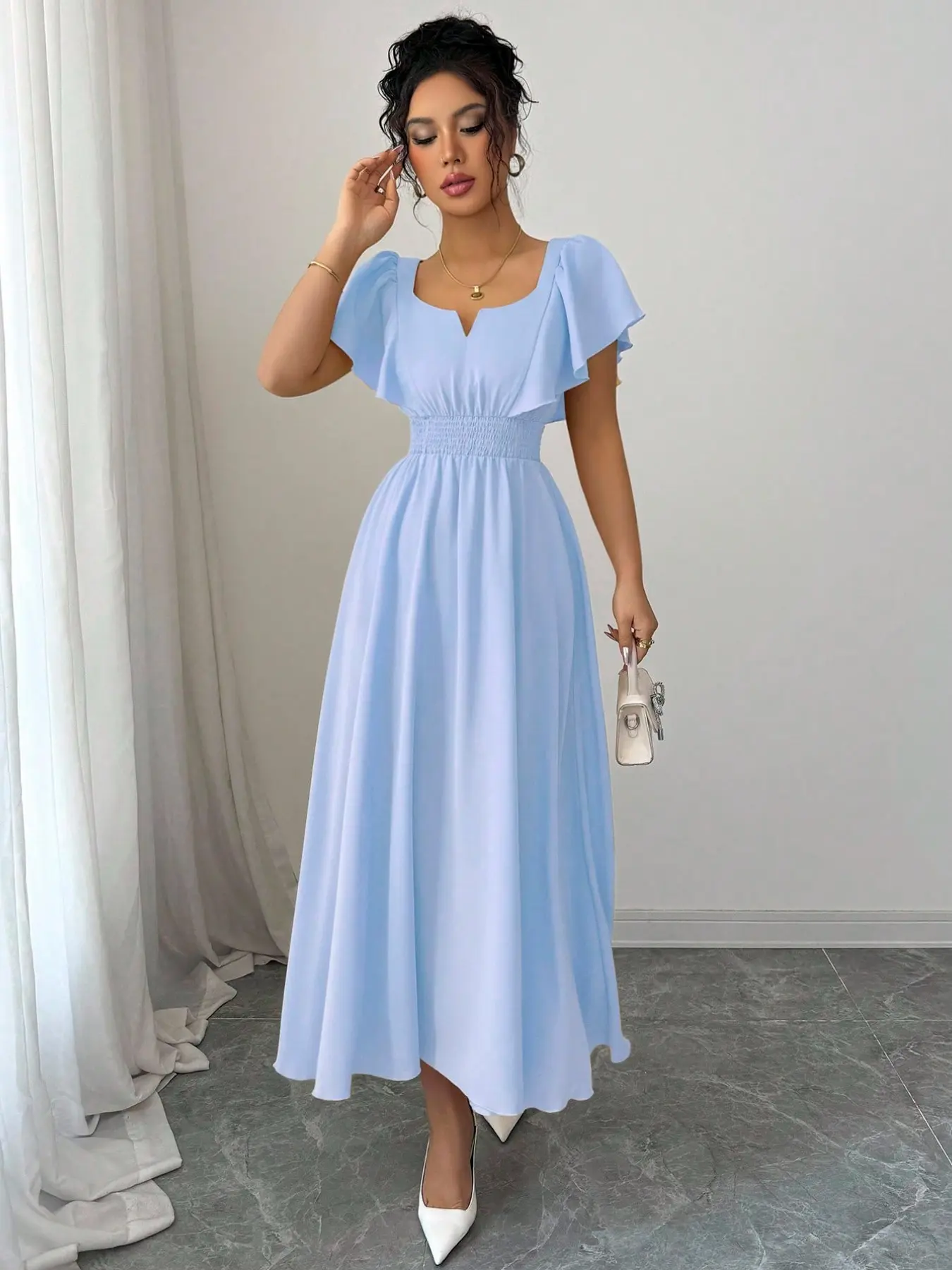 New Arrival Ruffled Cream French Style Dress, Flounce Sleeve Pleated Waist Cinch Slimming Elegant Casual Commuter Vacation A-Line Comfortable Dress, A Line Sundress