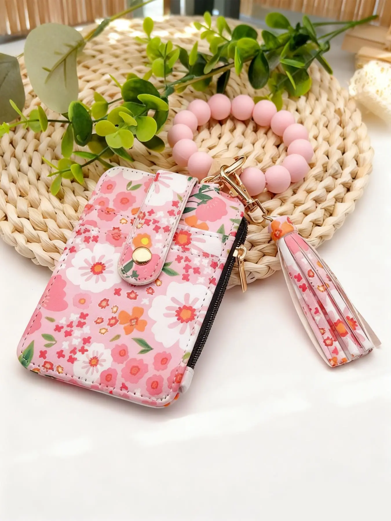 Women's Boho Style Daisy Flower Pattern Phone Wallet, Zipper Wallet Design, Fashionable Silicone Beaded Wristlet Phone Wallet with Tassel Decor, Phone Wallet Purse, Wallet Cute, Wristlets Wallet, Casual Trendy Wallet