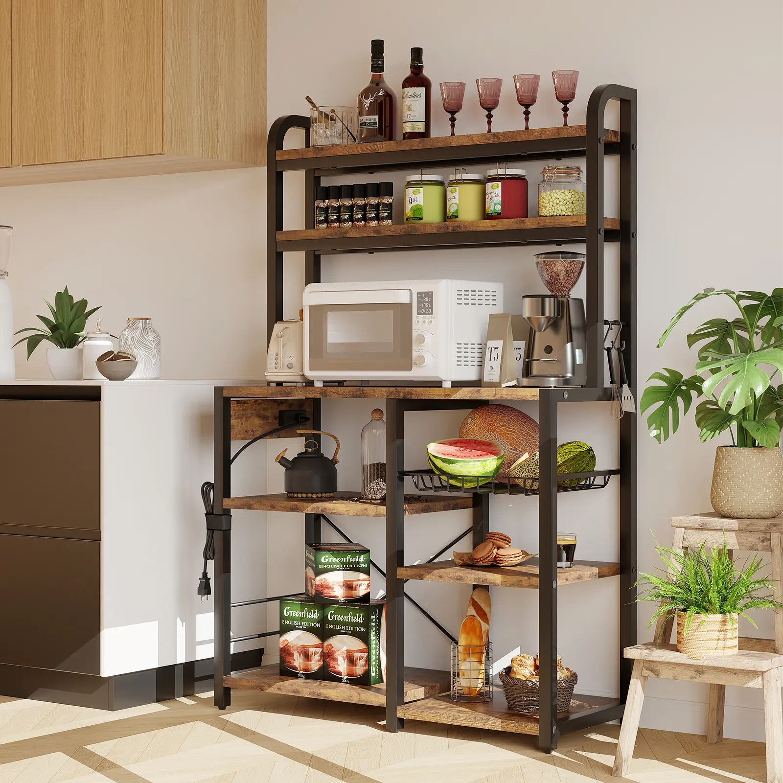 Rustic Brown Wood & Steel 6-Tier Bakers Rack with Metal Frame, Built-In Storage Cabinet, Power Outlets, Open Shelves, Multi-Functional Microwave Stand Coffee Bar Station, Industrial Indoor Furniture for Dining & Living Rooms