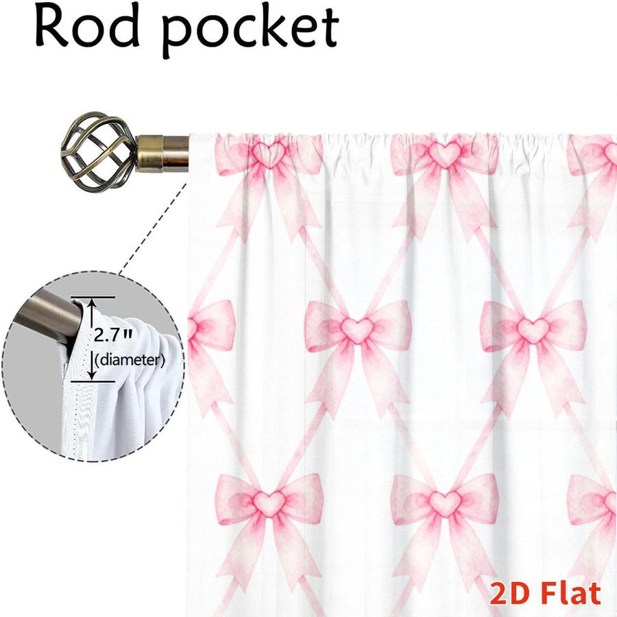 2Pcs Cute Pink Bowknot Pattern Curtains Digital Printed Rod Pocket for Bedroom Office Kitchen Living Room Study Home Decor Soft Light Filter Easy Installation