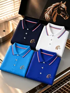 Men's Summer Striped Collar Polo T-Shirt Set, Geometric Pattern, Loose-Fit, Casual, Athletic Style, All Seasons, Business & Sport Wear