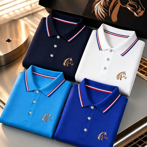 Men's Summer Striped Collar Polo Shirts Set, Geometric Pattern, Loose-Fit, Casual, Athletic Style, All Seasons, Business & Sport Wear