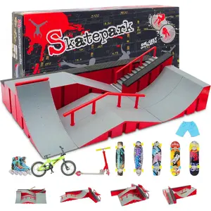Finger Skateboard Park Kits (9 in 1),Finger Skateboard Ramp Set with 5 Fingerboards, Finger Scooter,Finger Bike,Finger Skateshoes and Finger Pants,Skateboard Toys Christmas Birthday Gift for Kids