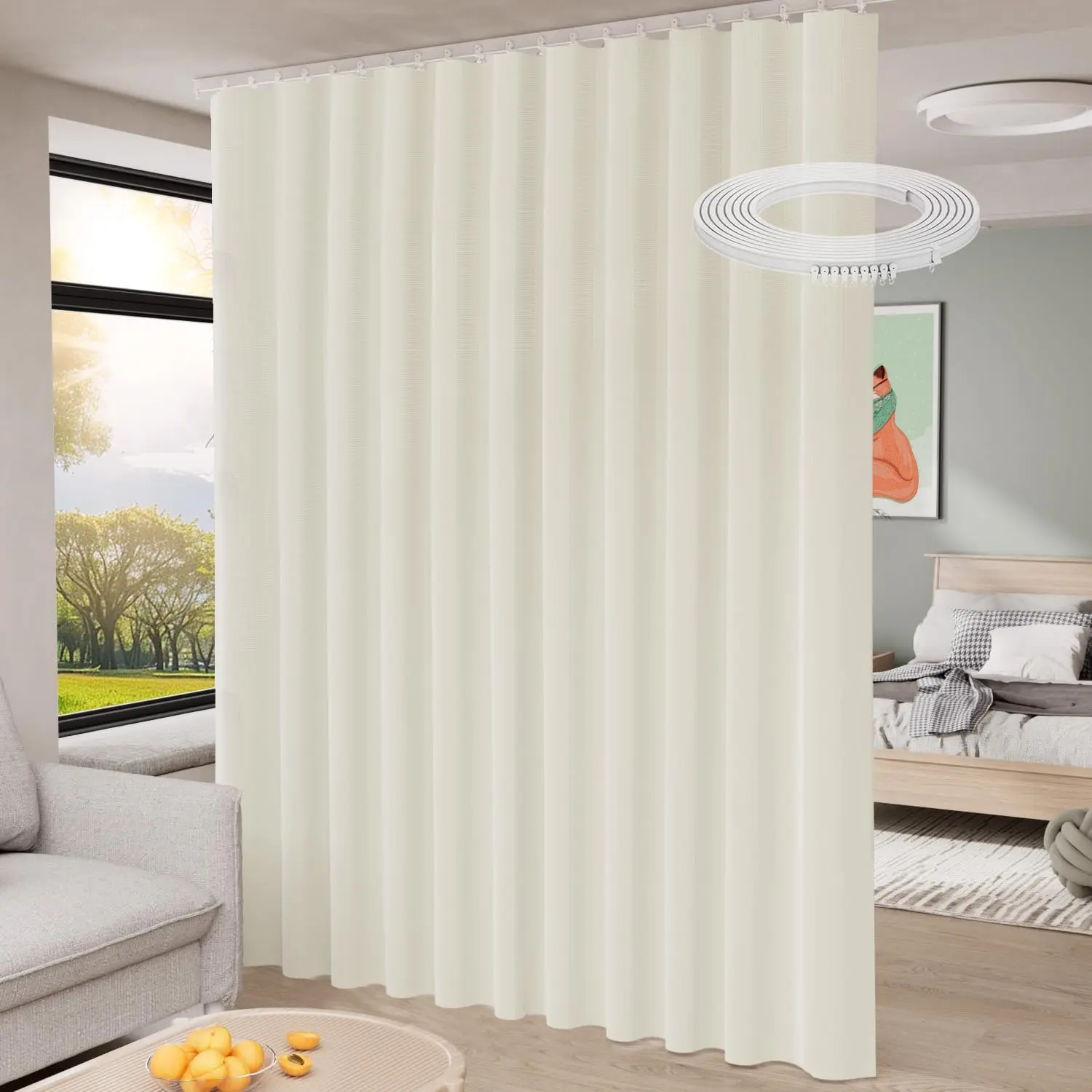 100% Blackout 84 inch Long Room Divider Curtains with Ceiling Track, Extra Wide Sliding Privacy Soundproof Curtain Panel for Bedroom Living Room Room Separation Partition