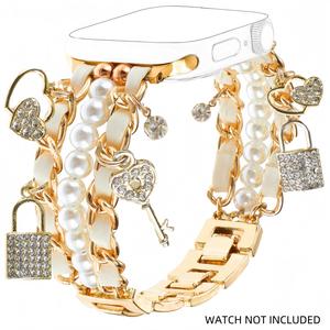 fashion pearl beaded watch band with lock key charms pendants, stylish cuban chain watch band for iwatch series 10 9 8 7 6 5 4 3 se ultra 2, wearable, smart watch accessories, smart watch strap, smartwatch strap