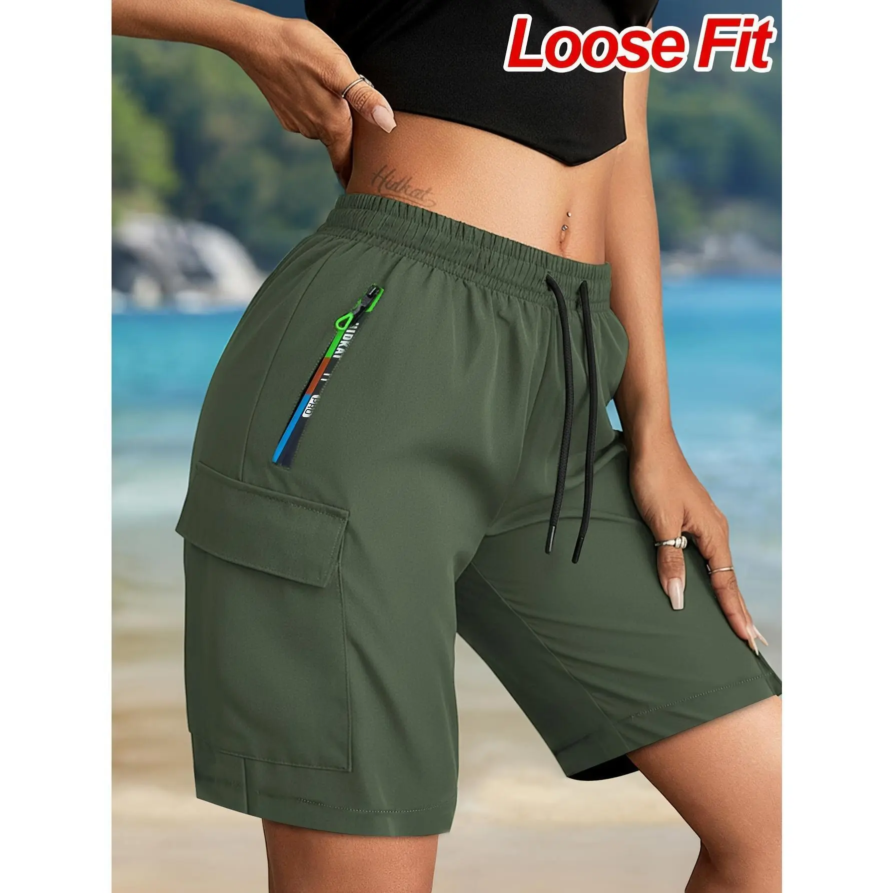 Women’s Olive Green Cargo Bermuda Shorts – Lightweight Knee-Length High Waisted Drawstring Shorts with Zipper Pockets for Summer, Travel & Outdoor Wear