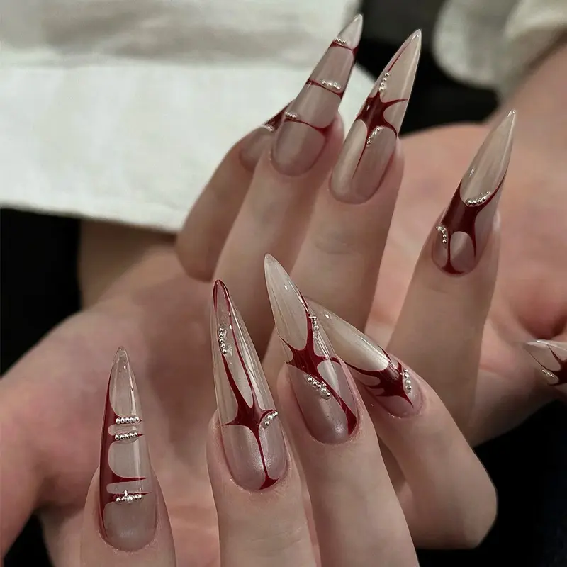 Y2K Red Swirl Press On Nails  | 24PCS | – Long Stiletto Nude Abstract Fake Nails, Handmade Luxury Nail Art Set
