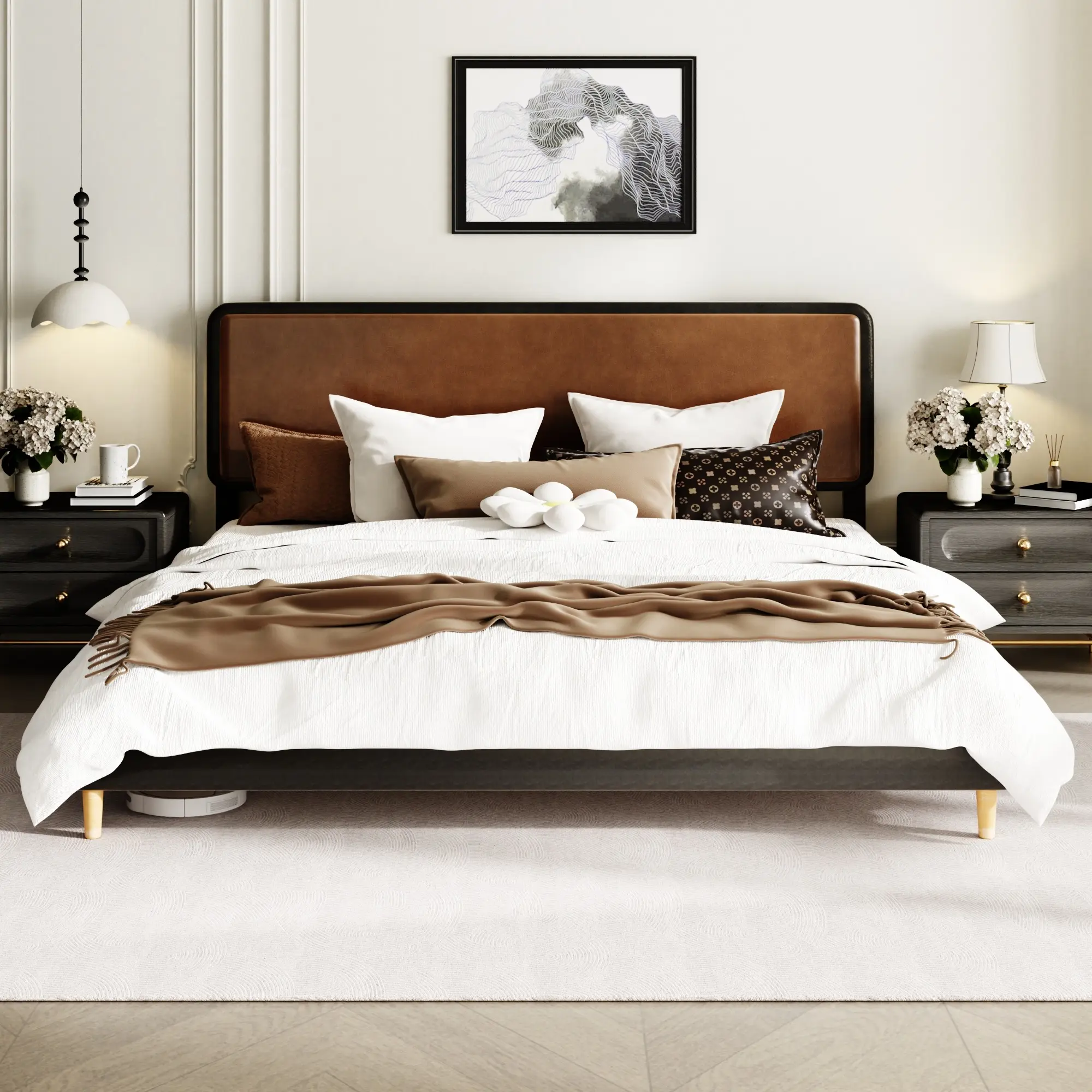 Mid-Century Modern Upholstered Platform Bed Frame - Brown Fabric, Black Metal Frame, Minimalist Curved Headboard, Wooden Slat Support, Silent, No Box Spring Needed, Sturdy, Durable, Fits King/Queen/Full Sizes, Indoor Bedroom Furniture, Metal Bedframe, Que