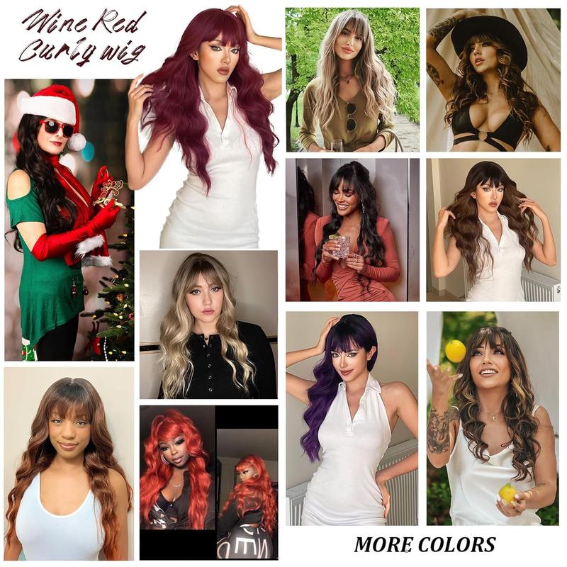 Purple Wig With Bangs Black and Purple Wigs for Women Long Curly Wavy Wig with Dark Roots Heat Resistant Synthetic Ombre Wigs for Women Daily Party Use (26 Inches)