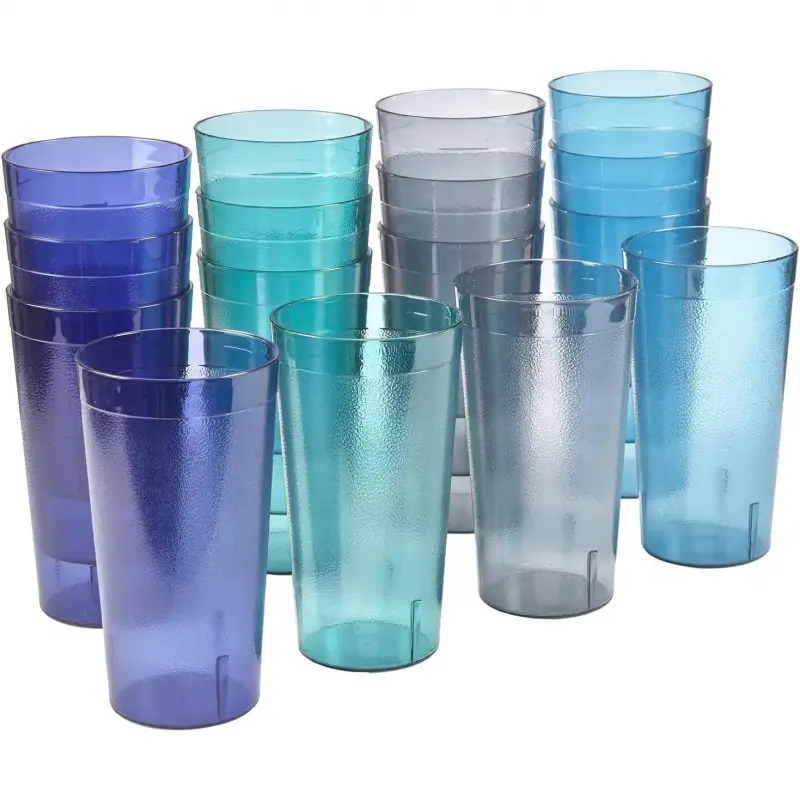 Classic 20-oz Reusable Plastic Cafe Tumblers (Set of 16) - Coastal Colors Everyday Drinking Glasses Set, Lightweight Stackable Restaurant-Style Cups, Top-Rack Dishwasher Safe for Indoor/Outdoor Use, Outdoors
