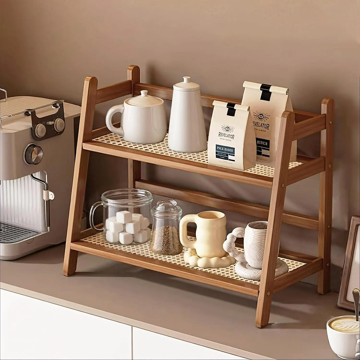 Coffee Station Organizer, Mug Holder Countertop, Kitchen Counter Shelf for Tea Coffee Bar Accessories, Matcha Stand, Cup Display, Condiment Storage Rack, 2 Tier, Brown