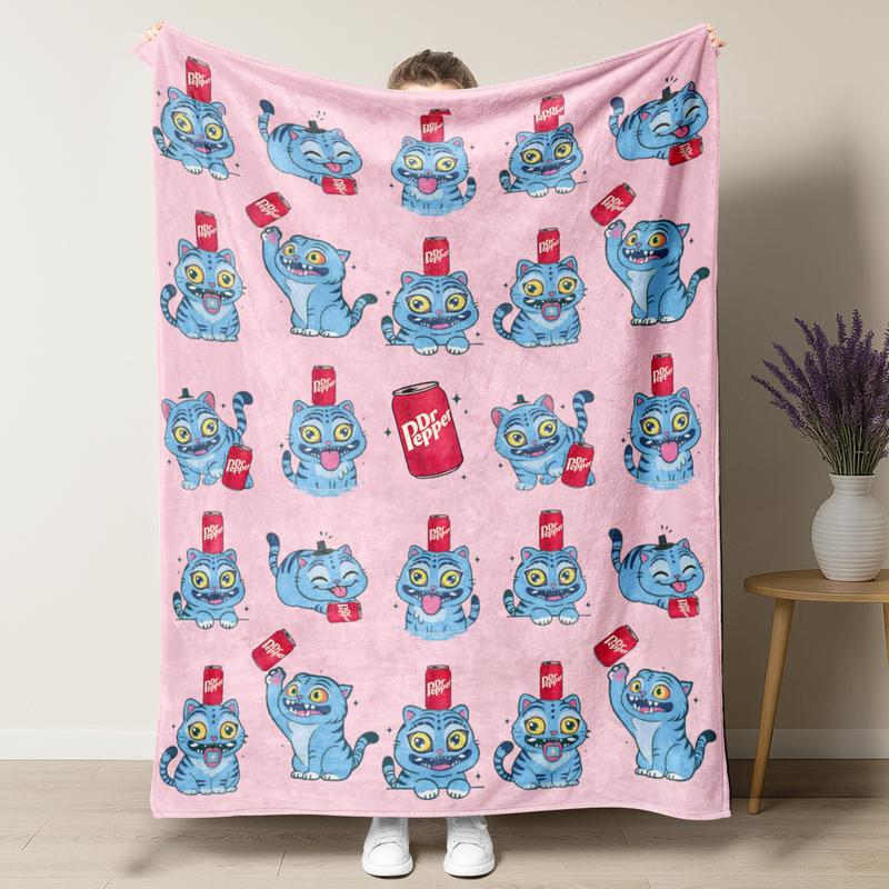 KPop Demon Hunters Huntrix Blue Kawaii Tiger Derpy Dr Pepper Flannel Blanket slogan print cozy blanket soft fluffy blanket fleece lightweight gift