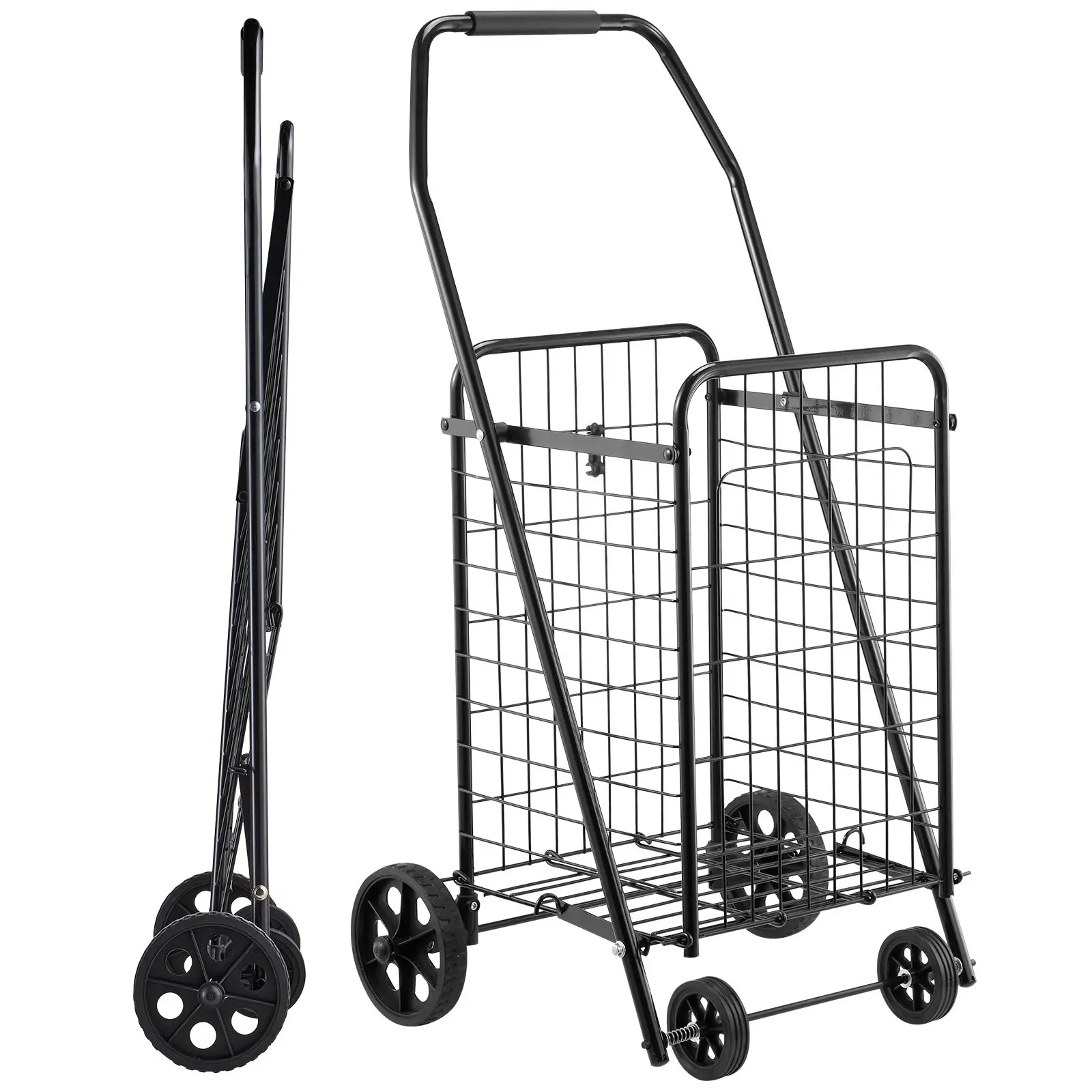 Shopping Cart, Folding Grocery Utility Cart with Swivel Wheels, 90 LBS Large Load Capacity, Heavy Duty Rolling Laundry Basket Butler for Laundry, Shopping, Camping, Grocery, Luggage, Black