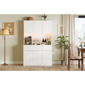Tall Kitchen Pantry Cabinet with LED Lights & Power Outlets – Adjustable Shelves, Handless Doors, Microwave Stand, Storage Hutch – Modern Entryway Storage Solution for Home, Black